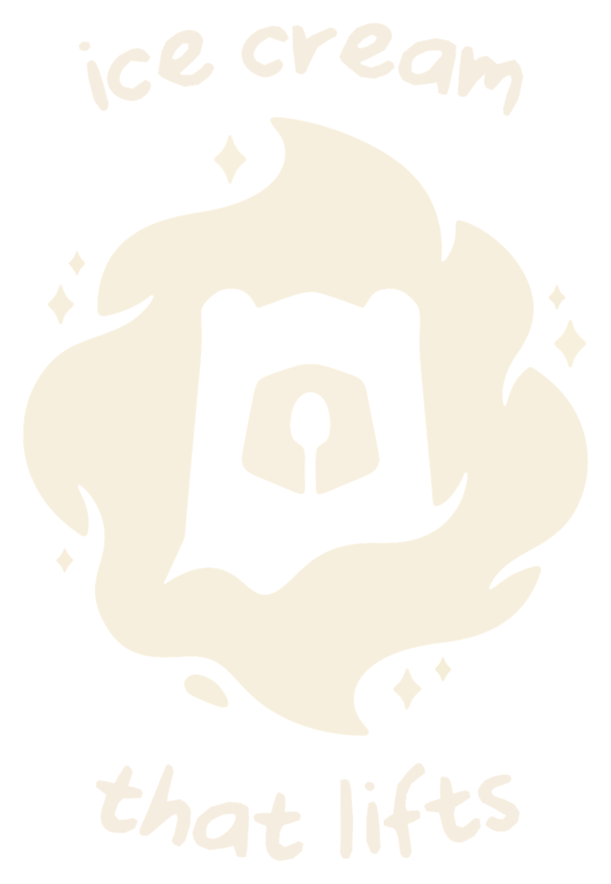 A merch graphic in cream on no background: the snout mark knocked out of a swirl badge with small sparkles, the words ice cream above and that lifts below in drawn lettering.