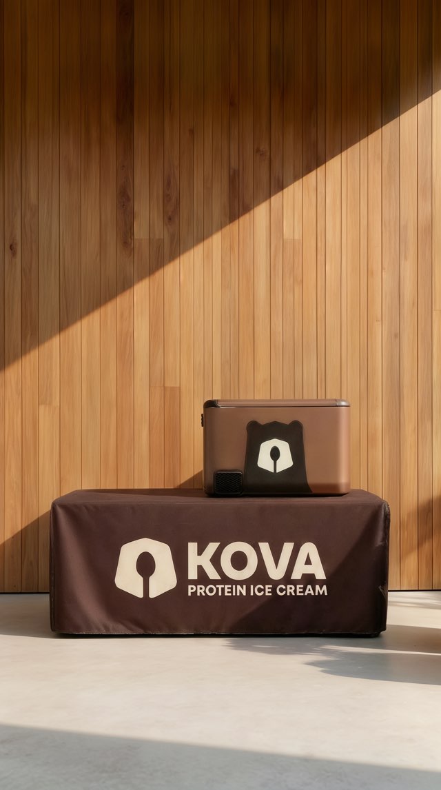 Generated for Kova. A Kova-branded event booth in a wood-panelled room: a brown cloth reading KOVA PROTEIN ICE CREAM, with a cooler on the table.