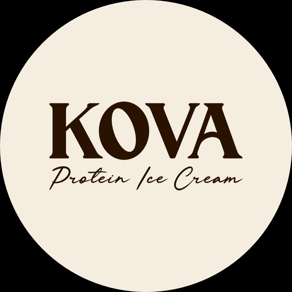 KovaLux lid: the KOVA wordmark in a serif with Protein Ice Cream in script under it, brown on a cream circle, no bear.