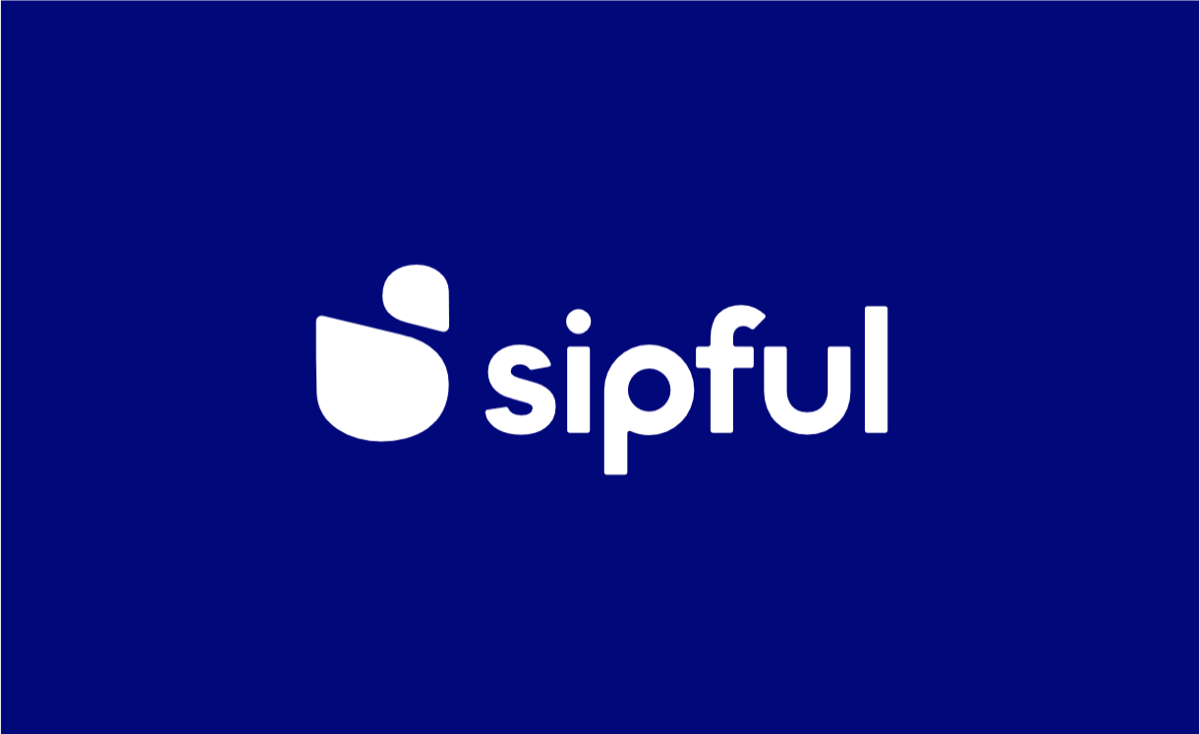 The Sipful lockup: the cup-and-drop icon beside the lowercase sipful wordmark, in white on the brand blue.