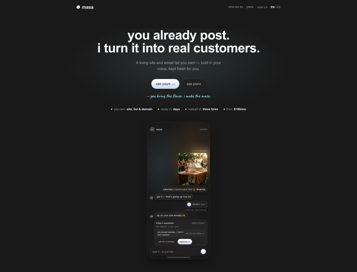 The flomi site as it ran before the rename: near-black ground, a two-line headline, a pale gradient button, a cyan hand-script line, and below them a phone mockup showing the agent replying in a chat.